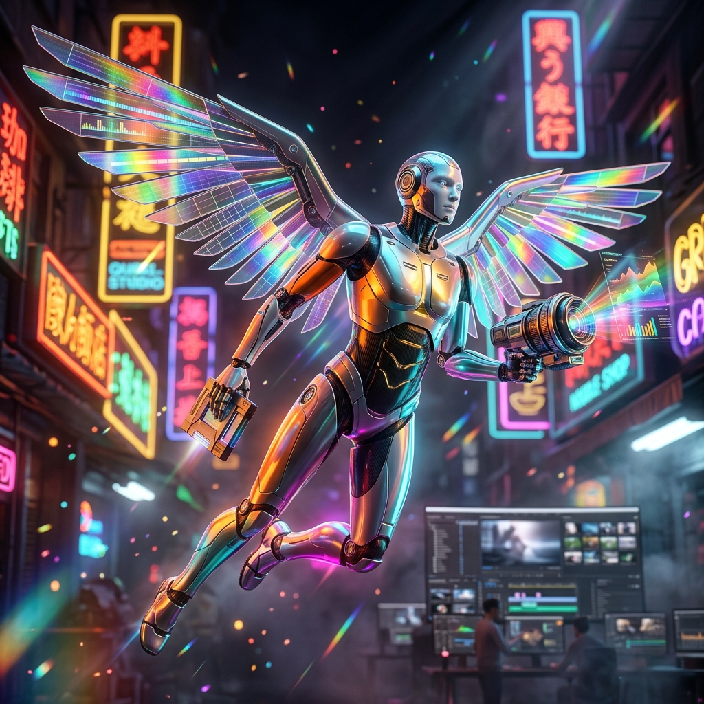 SpectraLens — Analytic Studio Production Suite — Analytics category hero — courier-style android with iridescent wings unfurled, mid-flight silhouette against the environment in Blade-Runner-style noodle-shop alley with dense neon signage in the background