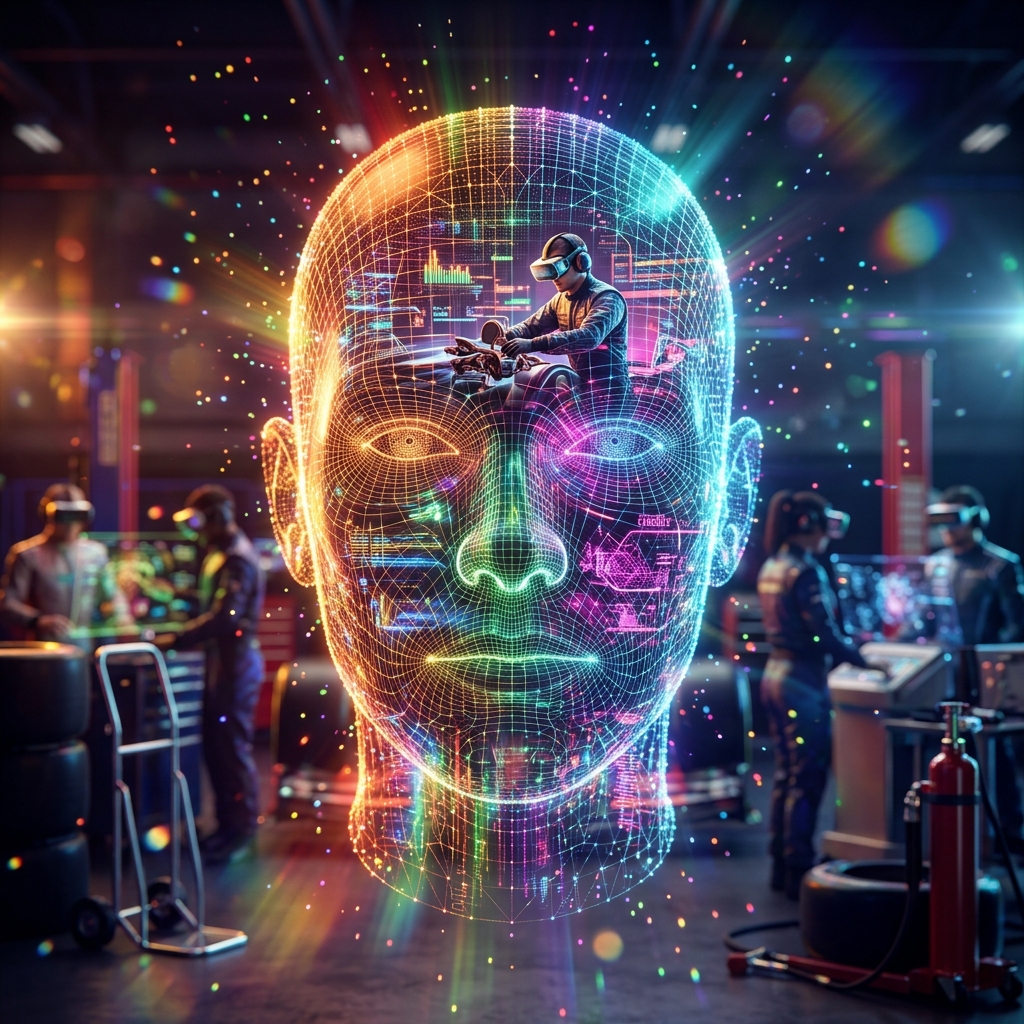 SpectraScope | AR/VR Mission Control Cockpit β AR/VR category hero β wireframe holographic human head made of glowing data points, floating in the frame center in Formula-1 style pit garage with saturated color lighting and mechanical detail