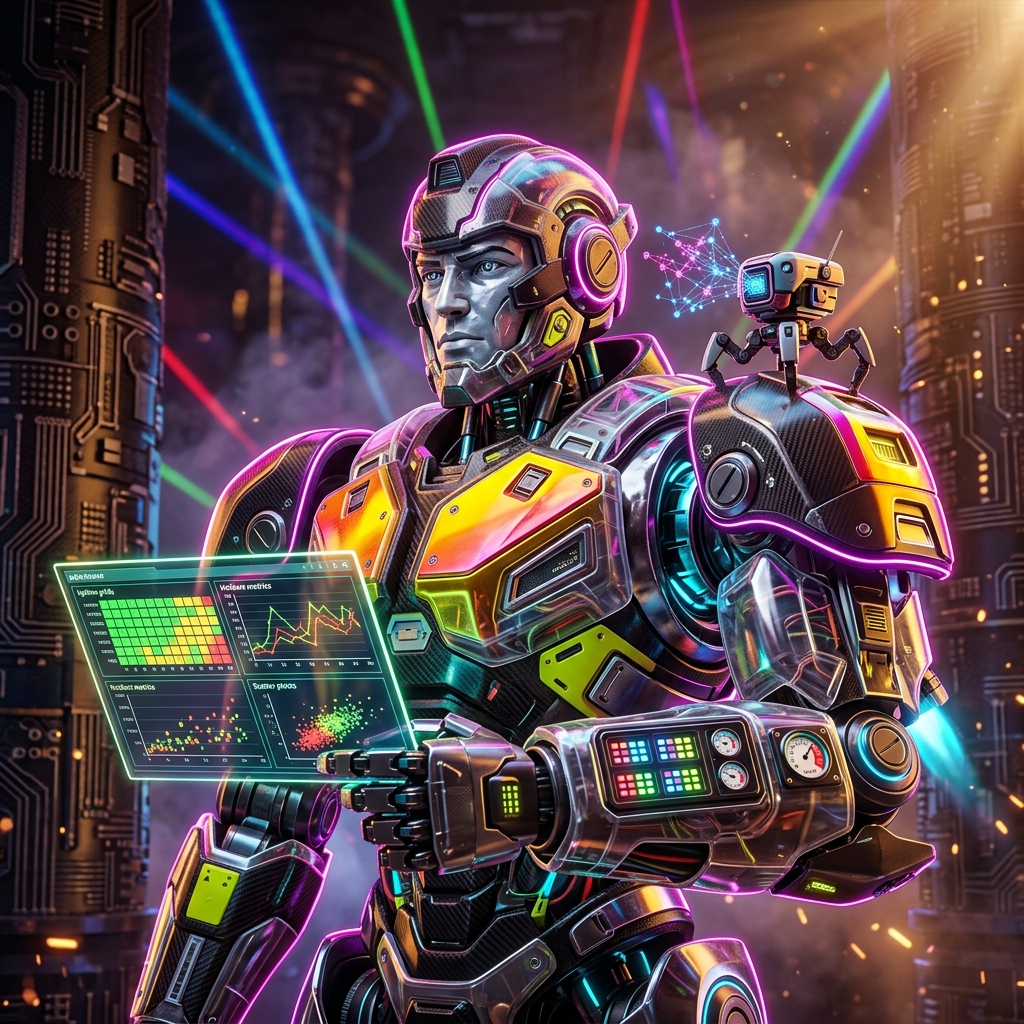 SpotGrid — Engineering Reliability Console — Monitoring category hero — duo of contrasting robots — one large hero mech and a small companion droid — composed cinematically in underground rave-like data cathedral with laser beams cutting through smoke
