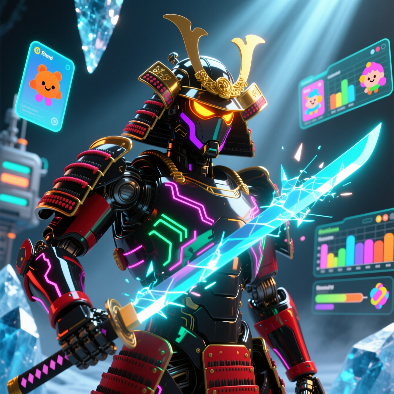 Sproutworks Studio — Kids Content Production Suite — Kids category hero — majestic samurai-styled mech in lacquered armor with neon under-glow, katana of light in hand in crystalline ice cavern lit by bioluminescent tech installations