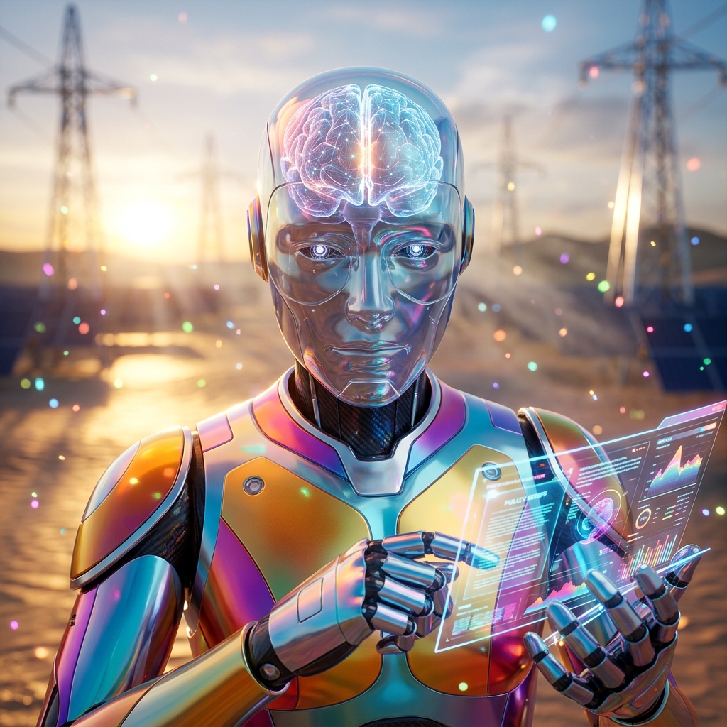 Statecraft Studio — Government Production Suite — Government category hero — translucent glass humanoid figure with a glowing neural-network brain visible inside its head in desert solar farm at magic hour with reflective sand and towering chrome pylons