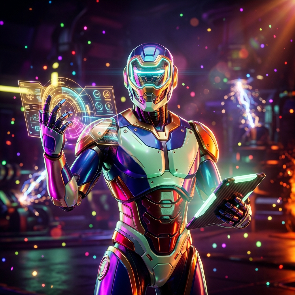 StayGrid · Hospitality Engineering Console — Business Management category hero — hyper-detailed humanoid robot with glossy plating and glowing visor eyes, striking a confident hero pose in the center of the frame in magnetic-levitation factory floor with sparking arcs of electricity and machinery
