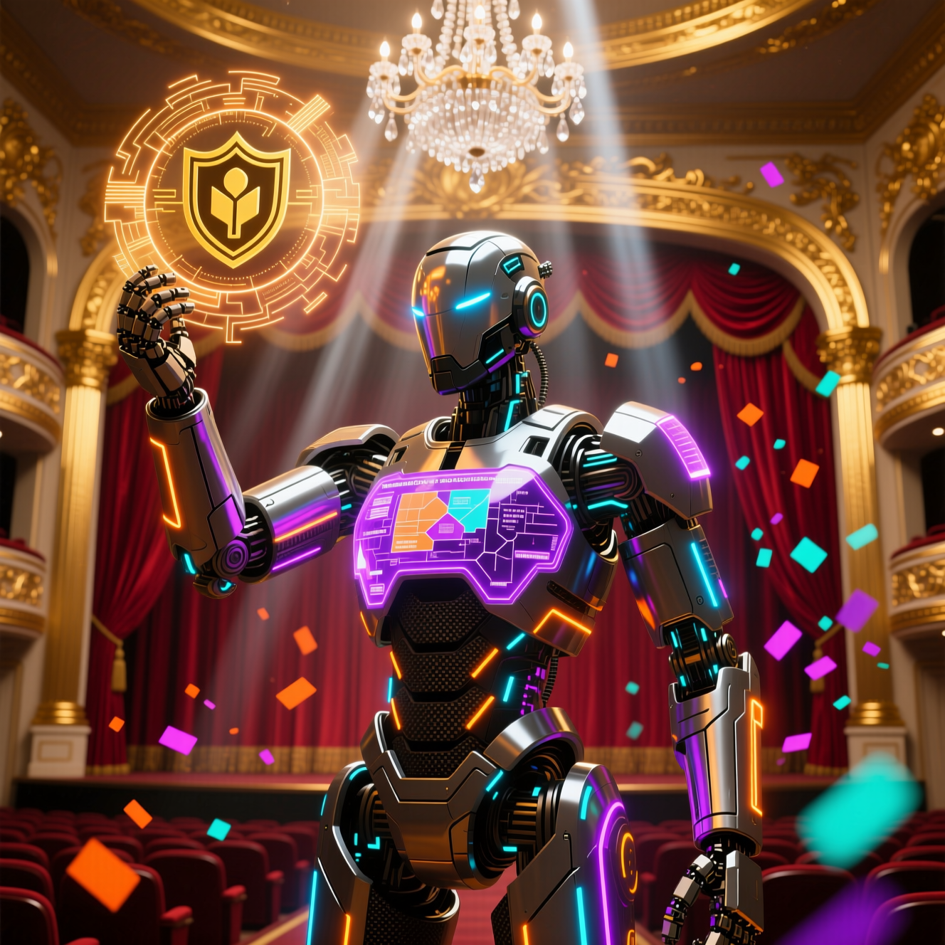 StayPoint FieldOps — Hospitality Operations Command Grid — Business Management category hero — heavily armored guardian robot holding a symbolic emblem of the category with both hands in golden-lit theater interior with heavy velvet curtains and cinematic chandeliers