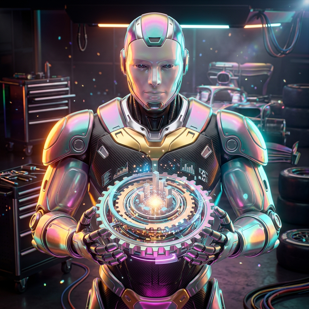SteadyState SRE Console | Engineering Reliability Platform — Accounting category hero — heavily armored guardian robot holding a symbolic emblem of the category with both hands in Formula-1 style pit garage with saturated color lighting and mechanical detail