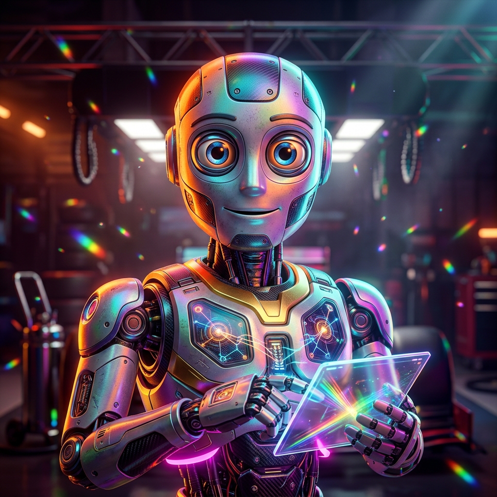 SteelThread Supply Neural Board — Tools category hero — friendly Pixar-quality mascot robot with big expressive optical eyes, holding an object that represents the category in Formula-1 style pit garage with saturated color lighting and mechanical detail