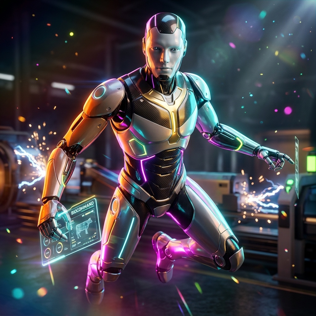 Stockade BioCommand | Livestock Biosecurity Command — Tools category hero — sleek sports-car-inspired bipedal android mid-motion, carbon-fiber musculature and glowing accent lines in magnetic-levitation factory floor with sparking arcs of electricity and machinery