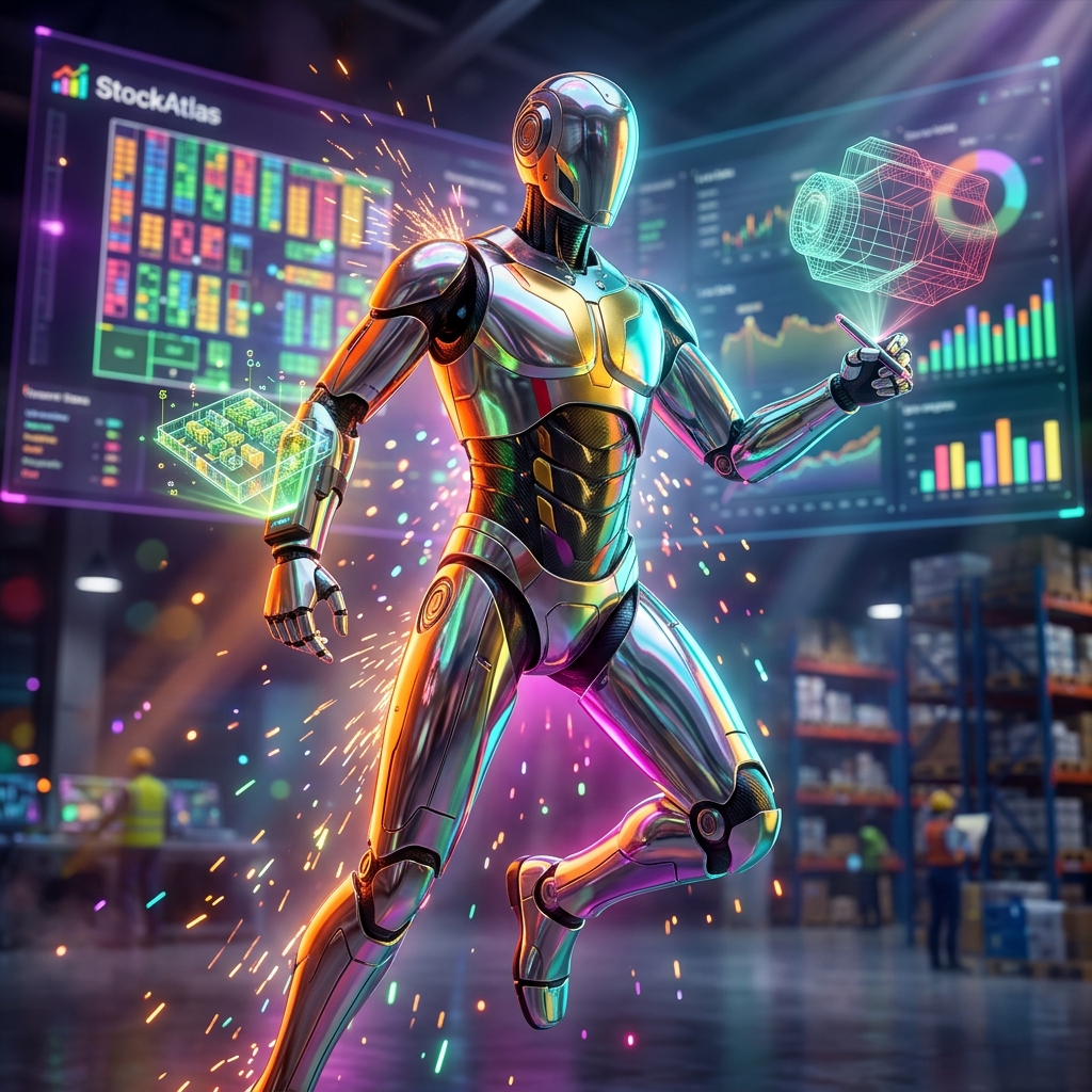 StockAtlas Field Command — Inventory Grid — 3D Modeling category hero — chrome-plated bipedal android caught mid-motion, sparks and light particles trailing around it in futuristic control room with massive glowing holographic screens and volumetric light rays