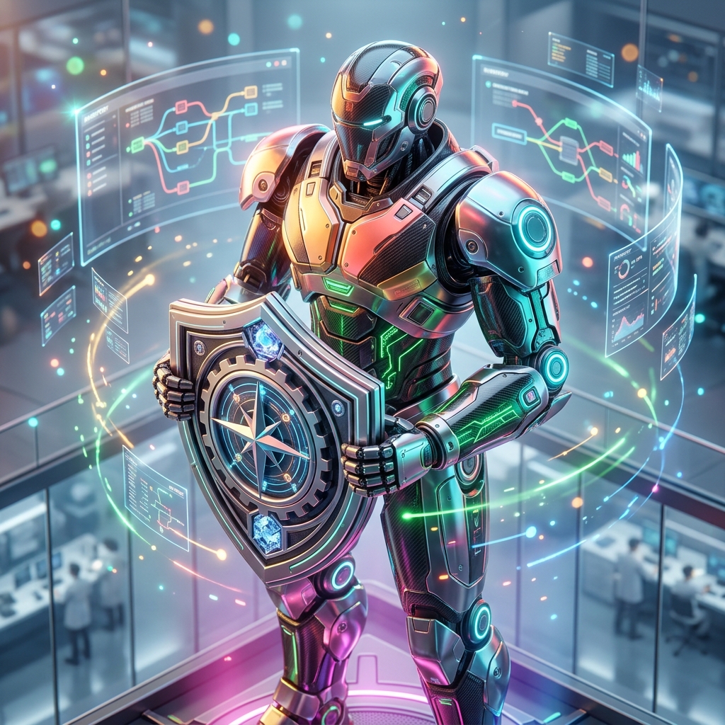 StockAtlas Pro — Inventory Command Studio — Business Management category hero — heavily armored guardian robot holding a symbolic emblem of the category with both hands in sleek high-tech laboratory with glass walls, floating data panels and particle light