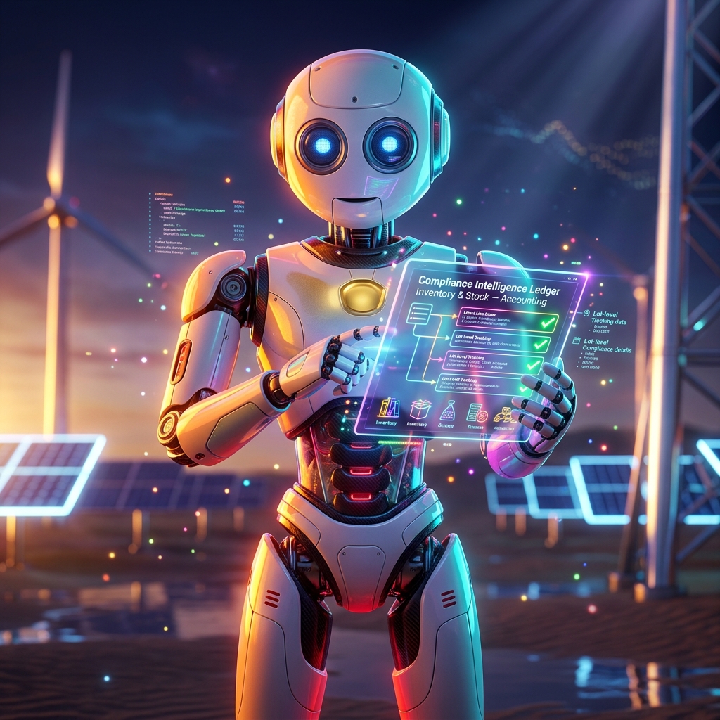 StockLedger — Compliance Intelligence Ledger for Inventory & Sto — Accounting category hero — friendly Pixar-quality mascot robot with big expressive optical eyes, holding an object that represents the category in desert solar farm at magic hour with reflective sand and towering chrome pylons
