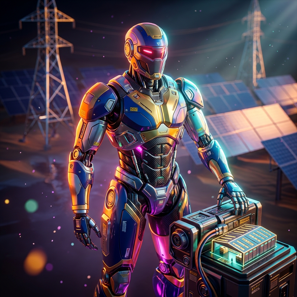 StockPilot · Engineering Reliability Console — Business Management category hero — hyper-detailed humanoid robot with glossy plating and glowing visor eyes, striking a confident hero pose in the center of the frame in desert solar farm at magic hour with reflective sand and towering chrome pylons