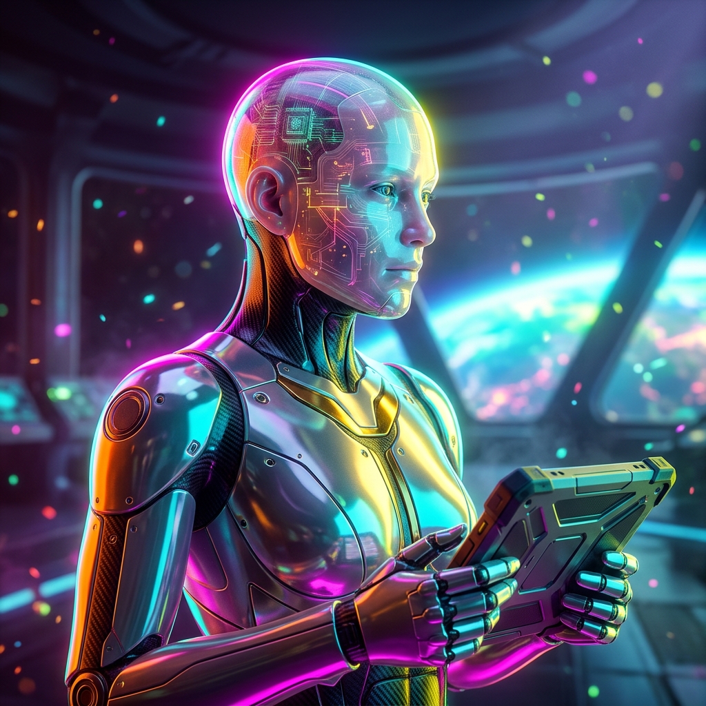 StockPulse Command — Livestock Field Operations Grid — 3D Modeling category hero — cinematic cyborg character seen in three-quarter profile, exposed circuitry glowing beneath translucent skin, intense neon rim light in orbital space station observation deck with a planet glowing outside the panoramic window