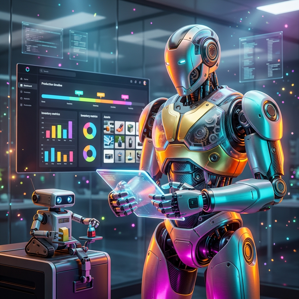 StockroomOS — E‑Commerce Operations Studio — E-commerce category hero — duo of contrasting robots — one large hero mech and a small companion droid — composed cinematically in sleek high-tech laboratory with glass walls, floating data panels and particle light