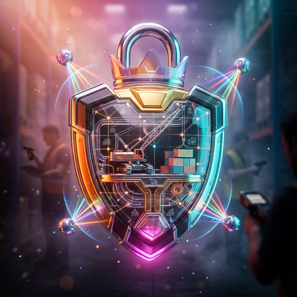 StockVane — Warehouse Field Ops Grid — Shipping & Logistics category hero — glowing digital shield / padlock / crown / crystal object at the frame center, protected by hovering tech drones in dark cinematic stage with dramatic spotlights streaming down and a hazy atmospheric fog