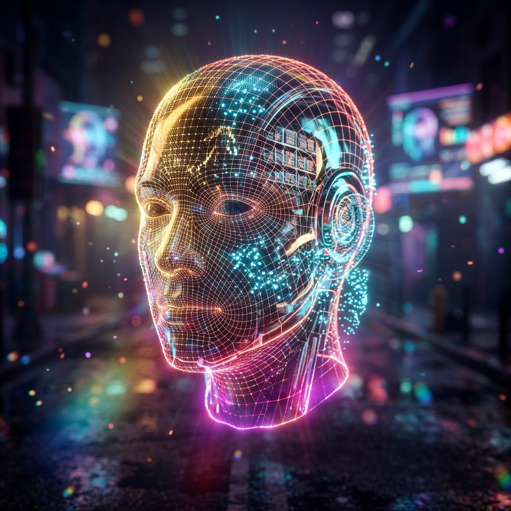 StockVantage Command — AI Tools category hero — wireframe holographic human head made of glowing data points, floating in the frame center in neon-lit cyberpunk street at night, wet pavement reflections, hovering holograms in the background
