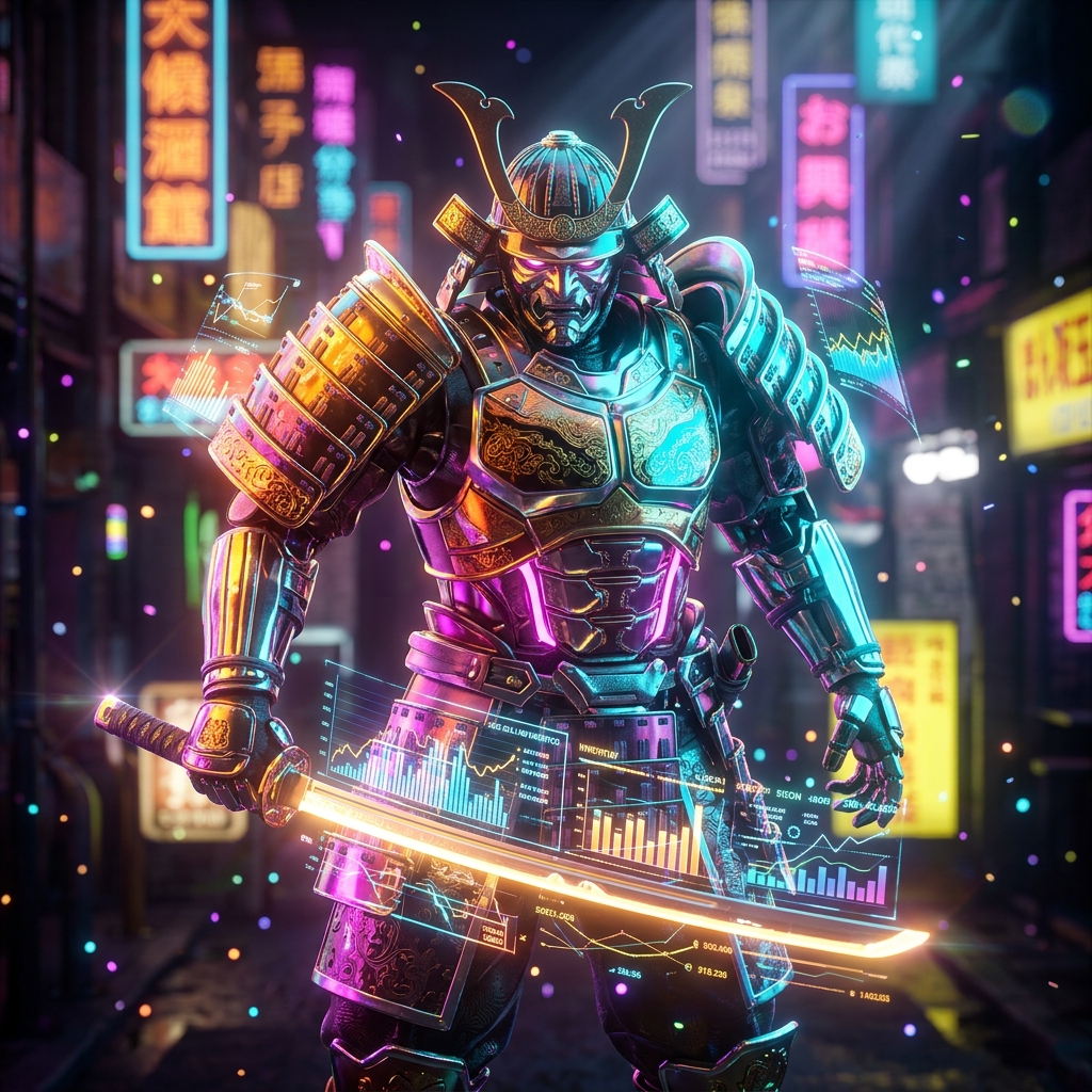 StockVantage Command — Warehouse Financial Strategy Terminal — Finance & Fintech category hero — majestic samurai-styled mech in lacquered armor with neon under-glow, katana of light in hand in Blade-Runner-style noodle-shop alley with dense neon signage in the background