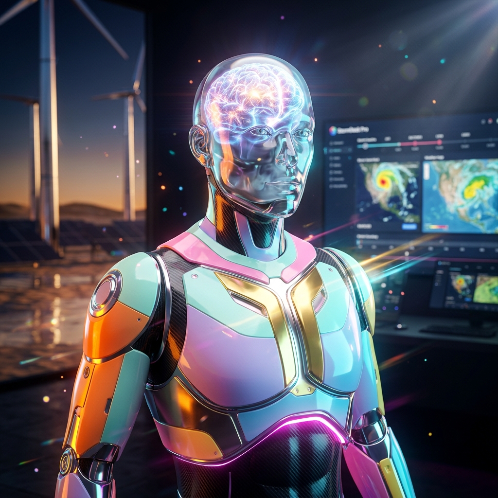 StormDesk Pro — Synoptic Command Center — Weather category hero — translucent glass humanoid figure with a glowing neural-network brain visible inside its head in desert solar farm at magic hour with reflective sand and towering chrome pylons
