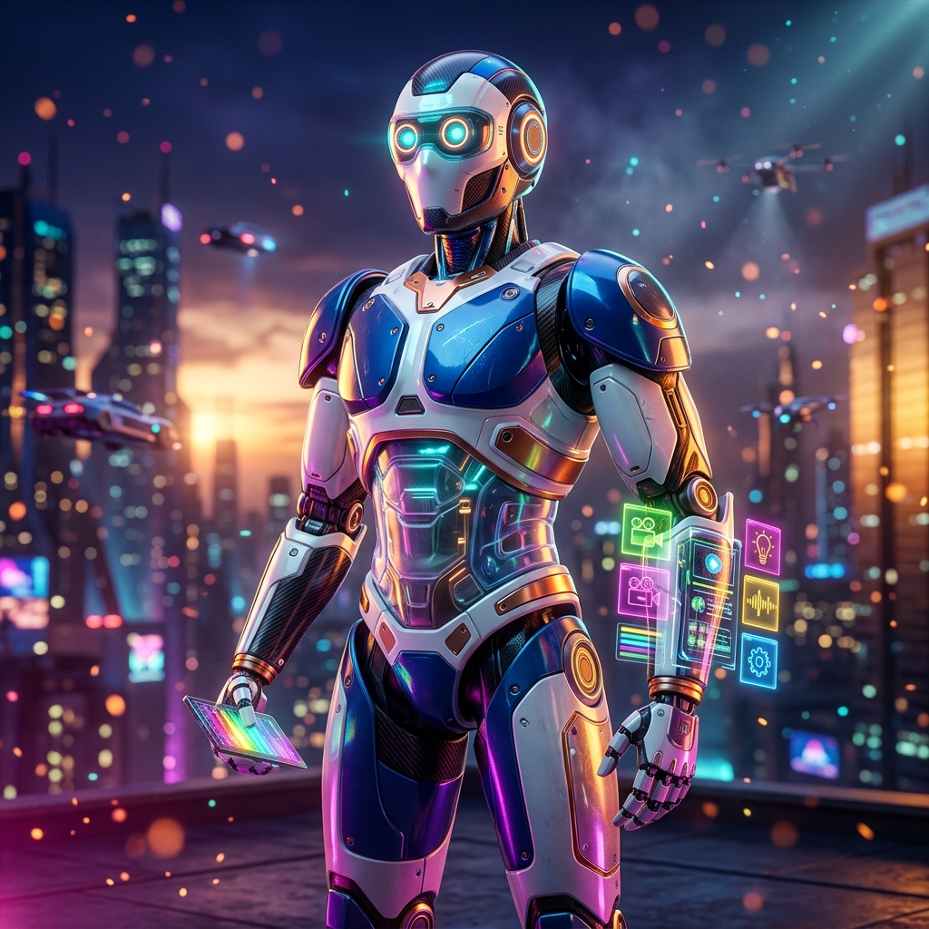 Storyboard Command — Creative Production Suite — Project Management category hero — hyper-detailed humanoid robot with glossy plating and glowing visor eyes, striking a confident hero pose in the center of the frame in rooftop overlooking a neon megacity skyline at dusk, drones flying in the distance