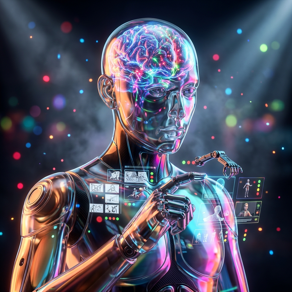 Storyboard Command — Creative Production Suite Studio 3 — Metaverse category hero — translucent glass humanoid figure with a glowing neural-network brain visible inside its head in dark cinematic stage with dramatic spotlights streaming down and a hazy atmospheric fog