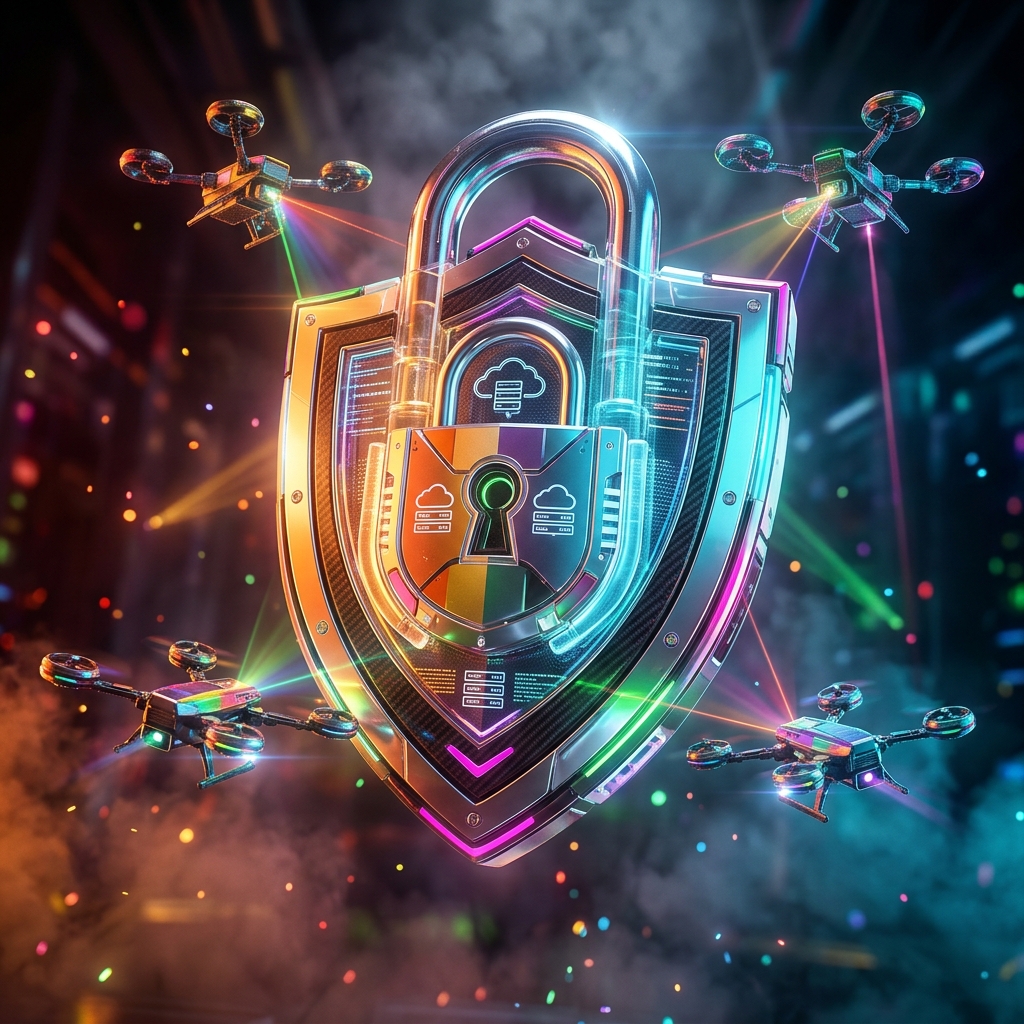 StratosVault — Mission Control for Cloud Storage & Object Lifecy — Cloud Storage category hero — glowing digital shield / padlock / crown / crystal object at the frame center, protected by hovering tech drones in underground rave-like data cathedral with laser beams cutting through smoke