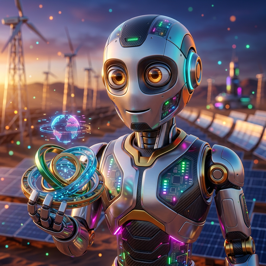 Stratovault Command | Cloud Storage Mission Control — Cloud Storage category hero — friendly Pixar-quality mascot robot with big expressive optical eyes, holding an object that represents the category in desert solar farm at magic hour with reflective sand and towering chrome pylons