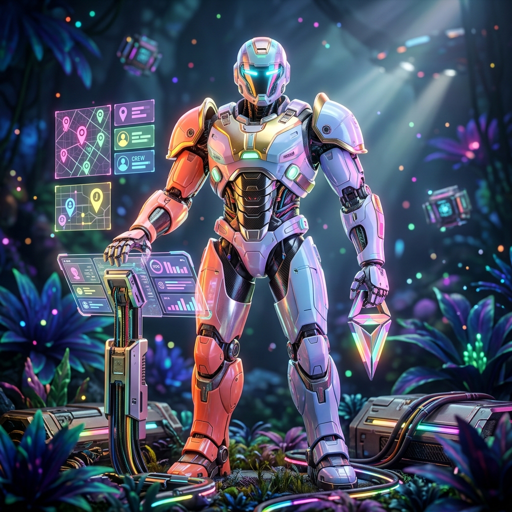 StratumGrid — Field Operations Intelligence Platform — Business Management category hero — hyper-detailed humanoid robot with glossy plating and glowing visor eyes, striking a confident hero pose in the center of the frame in alien jungle biome with glowing flora and floating tech artifacts