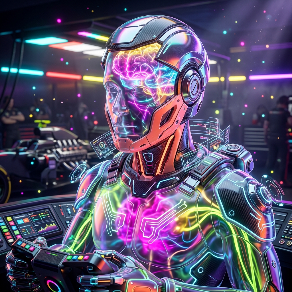 StreamPilot Command | Live Game Streaming Operations Cockpit — Streaming Games category hero — translucent glass humanoid figure with a glowing neural-network brain visible inside its head in Formula-1 style pit garage with saturated color lighting and mechanical detail