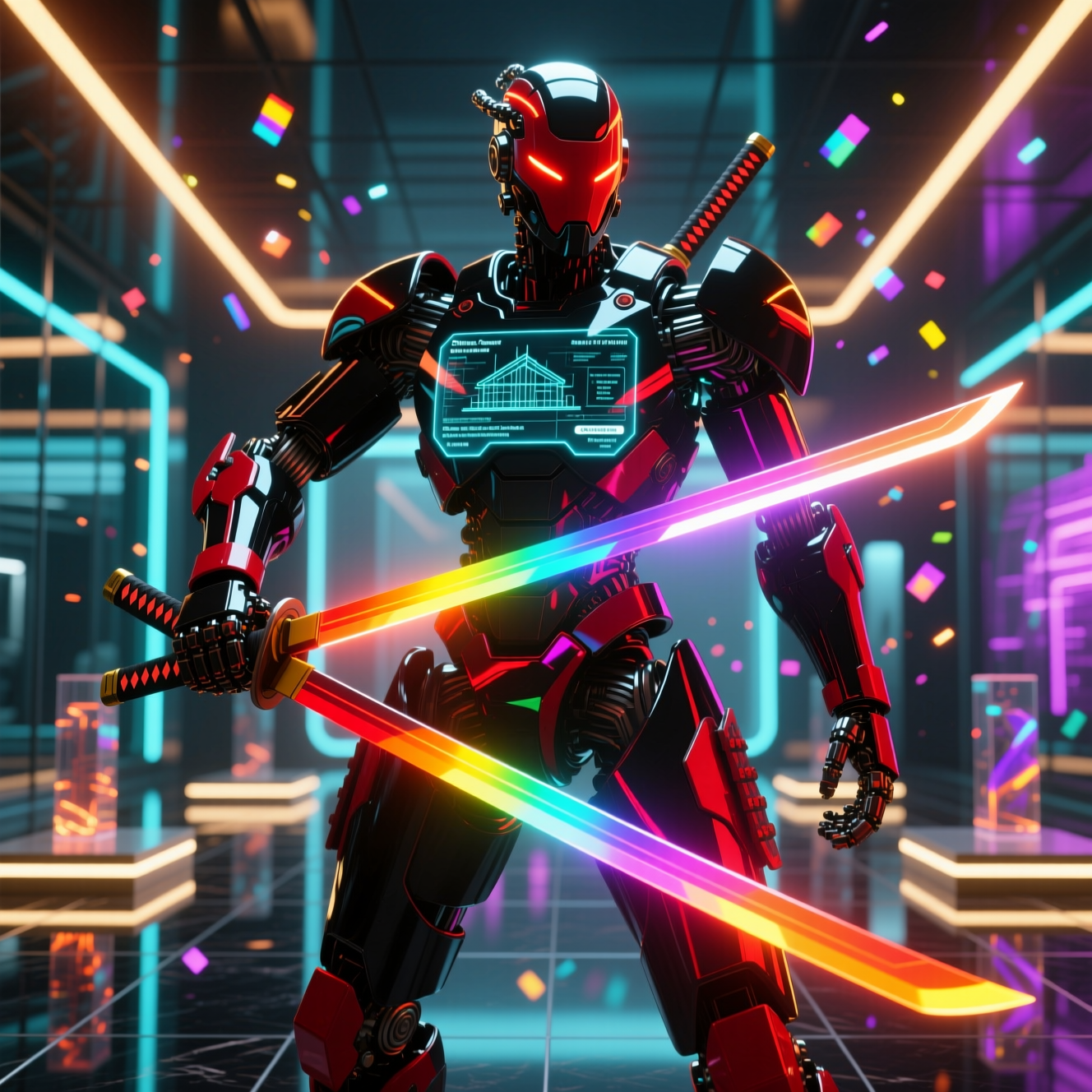 Struktura Command — Architecture Practice Mission Control — Architecture category hero — majestic samurai-styled mech in lacquered armor with neon under-glow, katana of light in hand in chrome-and-glass showroom with mirrored floor and rim-lit product staging