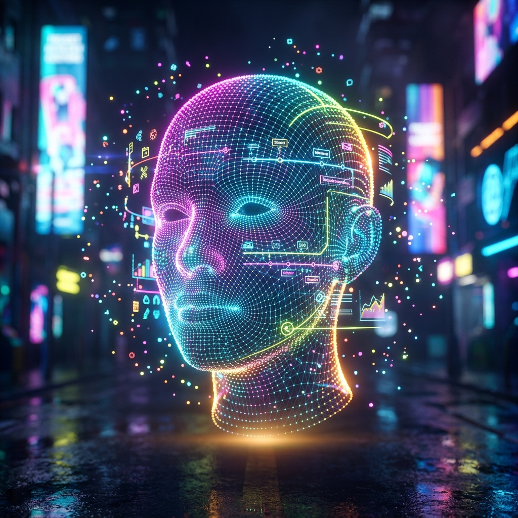 StudioForge — Production Suite — Productivity & Productivity Suites category hero — wireframe holographic human head made of glowing data points, floating in the frame center in neon-lit cyberpunk street at night, wet pavement reflections, hovering holograms in the background