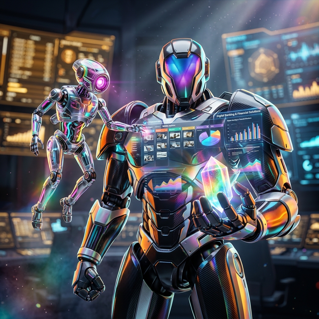 StudioPulse — Digital Banking & Financial Solutions Studio Produ — Digital Banking & Financial Solutions category hero — duo of contrasting robots — one large hero mech and a small companion droid — composed cinematically in futuristic control room with massive glowing holographic screens and volumetric light rays