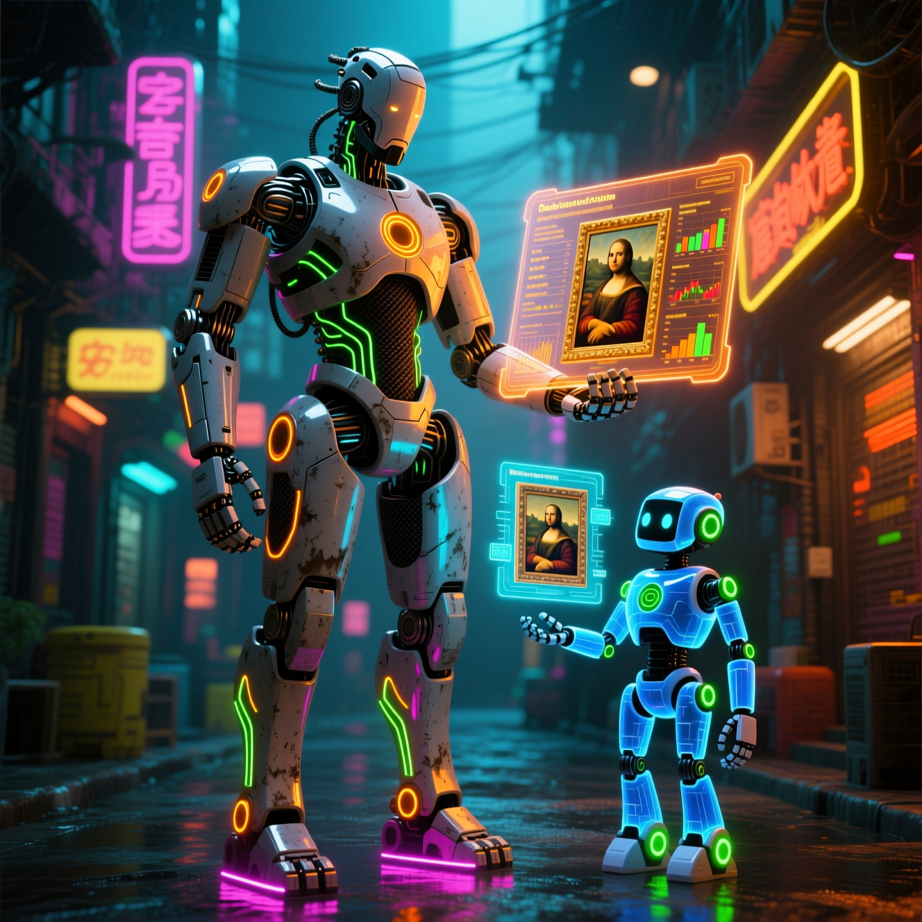 StudioVault — Art Inventory & Provenance Command — Investment category hero — duo of contrasting robots — one large hero mech and a small companion droid — composed cinematically in Blade-Runner-style noodle-shop alley with dense neon signage in the background