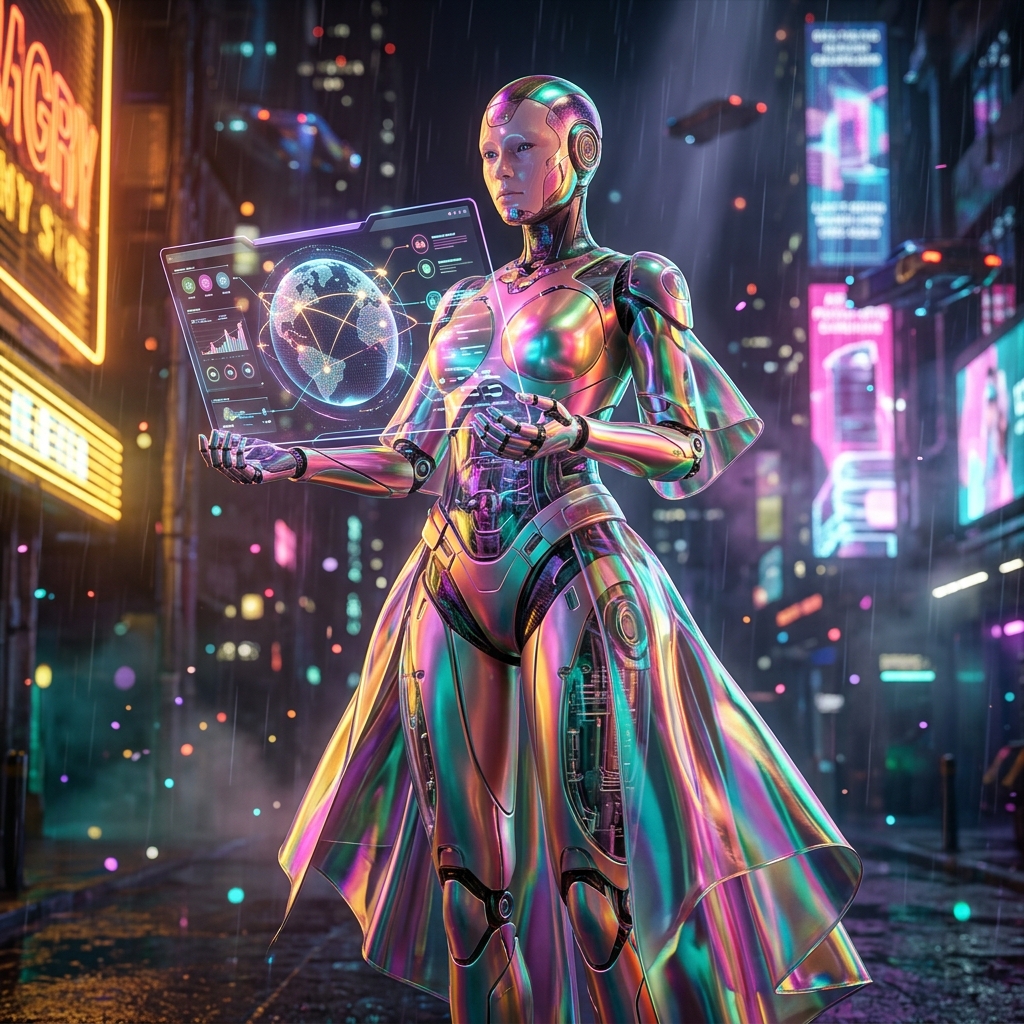 SuppliChain Command – Vendor Reliability Console — Business Management category hero — elegant fashion-forward android in flowing reflective couture fabric, editorial pose in neon-lit cyberpunk street at night, wet pavement reflections, hovering holograms in the background