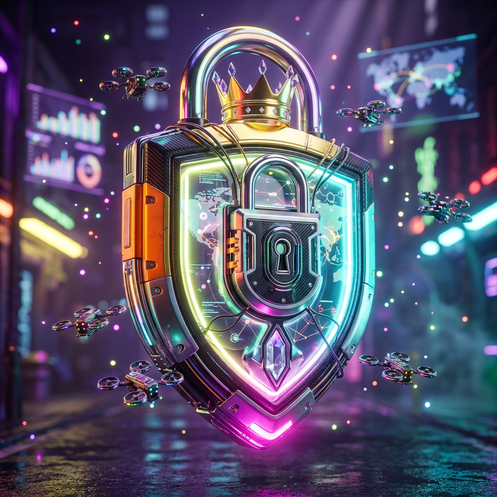Supply Chain Neural Board | Logisticore β Shipping & Logistics category hero β glowing digital shield / padlock / crown / crystal object at the frame center, protected by hovering tech drones in neon-lit cyberpunk street at night, wet pavement reflections, hovering holograms in the background