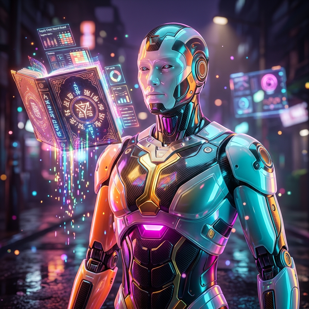Supply Chain Neural Board · TutorFlow Ops — Booking category hero — sci-fi wizard robot with a floating spellbook of holographic glyphs and light particles in neon-lit cyberpunk street at night, wet pavement reflections, hovering holograms in the background
