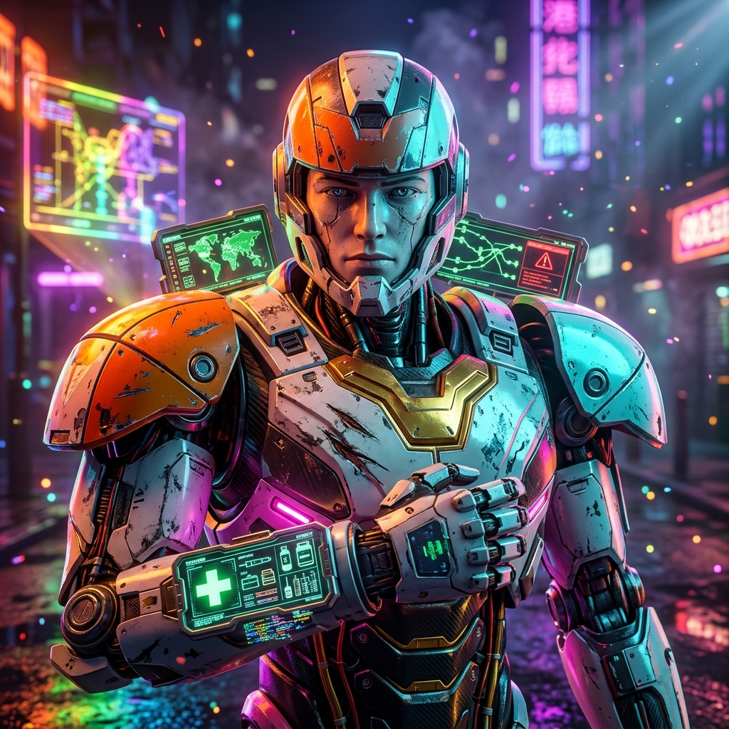 SupplyChain Neural Board | Orchestrate. Optimize. Overcome. — Health category hero — war-worn but heroic mech pilot robot with painted panels, weathered detail, cinematic hero lighting in neon-lit cyberpunk street at night, wet pavement reflections, hovering holograms in the background