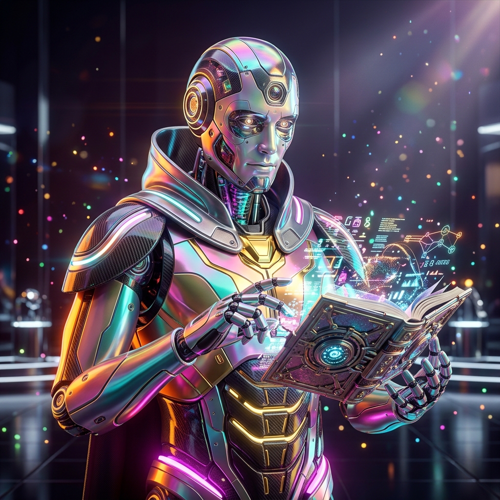 SupplyChain Neural Board — Procurement & Operations Cockpit — DIY category hero — sci-fi wizard robot with a floating spellbook of holographic glyphs and light particles in chrome-and-glass showroom with mirrored floor and rim-lit product staging