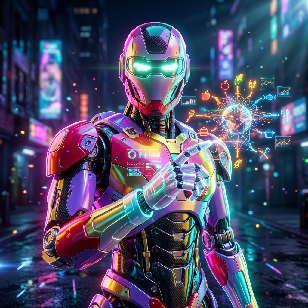 SupplyPulse Command — Supply Chain Neural Board — Food & Cooking category hero — hyper-detailed humanoid robot with glossy plating and glowing visor eyes, striking a confident hero pose in the center of the frame in neon-lit cyberpunk street at night, wet pavement reflections, hovering holograms in the background