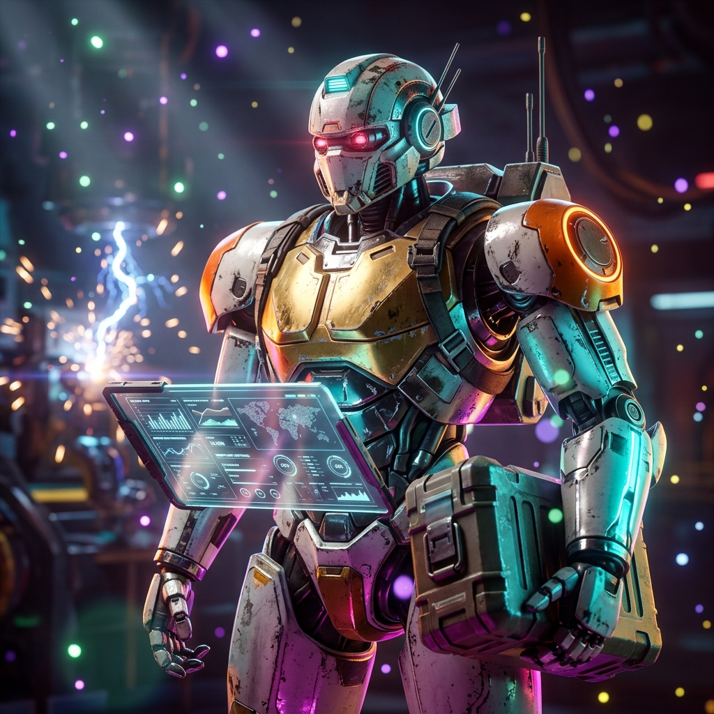 SupplySprint — Supplier Operations Command — Business Management category hero — war-worn but heroic mech pilot robot with painted panels, weathered detail, cinematic hero lighting in magnetic-levitation factory floor with sparking arcs of electricity and machinery