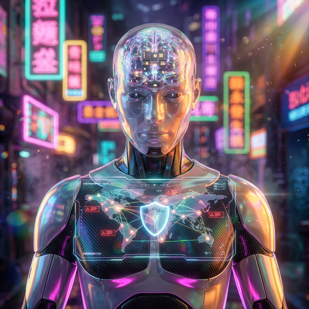 SuretyGrid | Financial Fraud Prevention Console — Antivirus & Cybersecurity category hero — translucent glass humanoid figure with a glowing neural-network brain visible inside its head in Blade-Runner-style noodle-shop alley with dense neon signage in the background