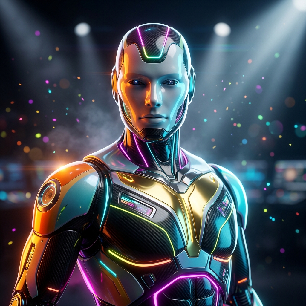 SustainGrid — Field Operations Grid for ESG & Sustainability Man — Energy category hero — sleek sports-car-inspired bipedal android mid-motion, carbon-fiber musculature and glowing accent lines in dark cinematic stage with dramatic spotlights streaming down and a hazy atmospheric fog