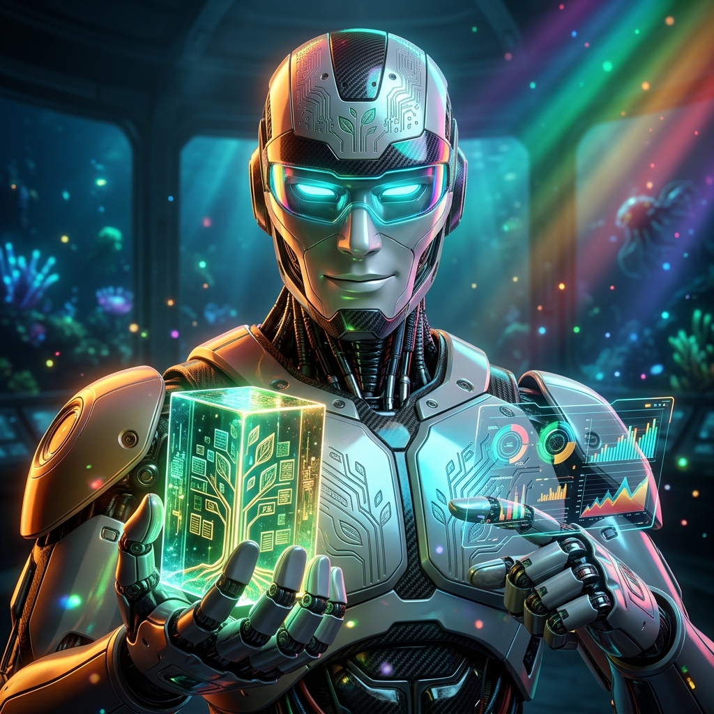 SustainLedger — ESG & Compliance Intelligence Ledger — Business Management category hero — hyper-detailed humanoid robot with glossy plating and glowing visor eyes, striking a confident hero pose in the center of the frame in deep-sea research bay with bulkhead windows onto a bioluminescent ocean