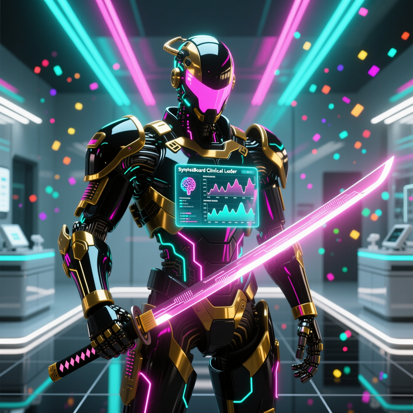 SynapseBoard Clinical Ledger — Psychiatric Follow-up Board — Medical Services category hero — majestic samurai-styled mech in lacquered armor with neon under-glow, katana of light in hand in chrome-and-glass showroom with mirrored floor and rim-lit product staging