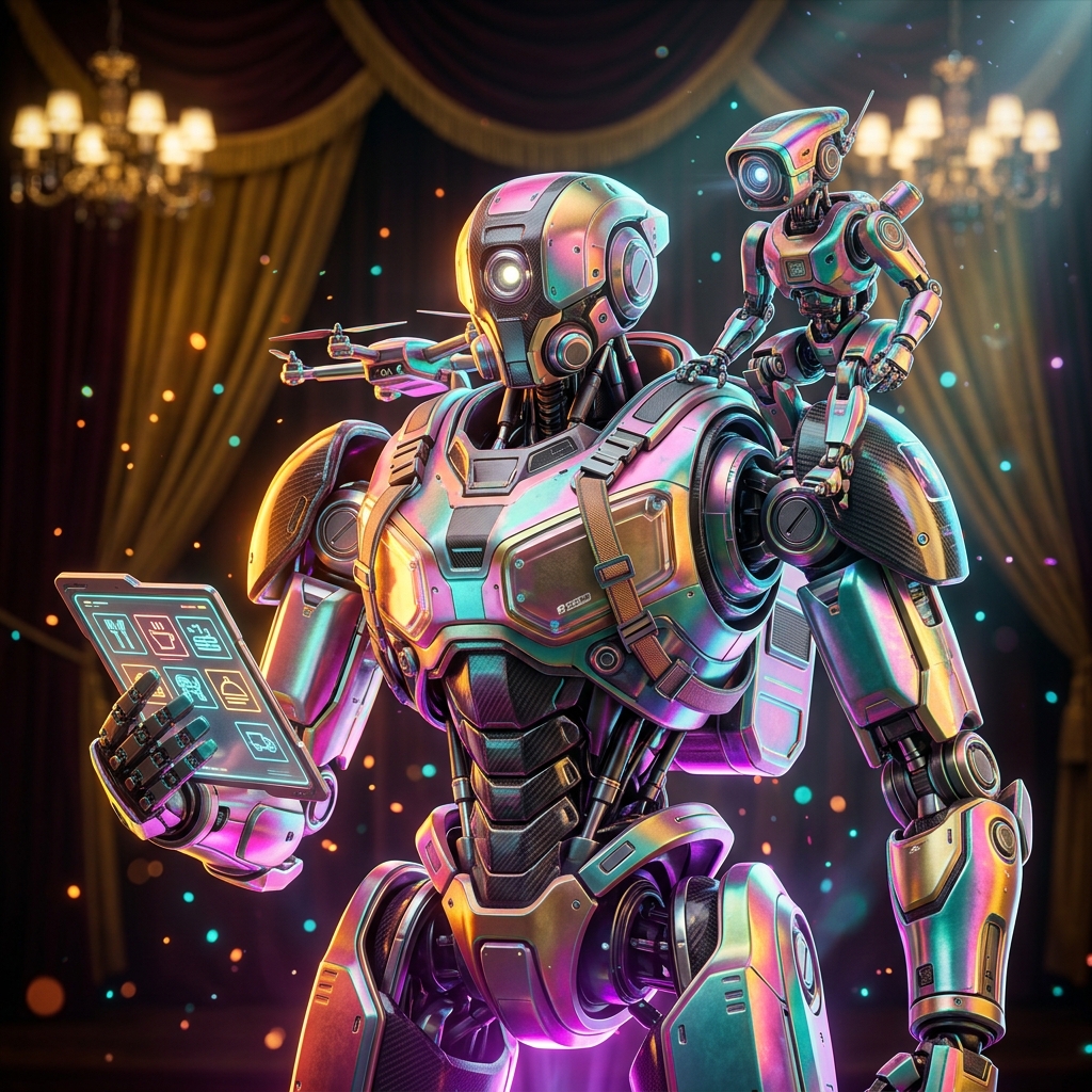TableCore — Restaurant Mission Control — Delivery category hero — duo of contrasting robots — one large hero mech and a small companion droid — composed cinematically in golden-lit theater interior with heavy velvet curtains and cinematic chandeliers