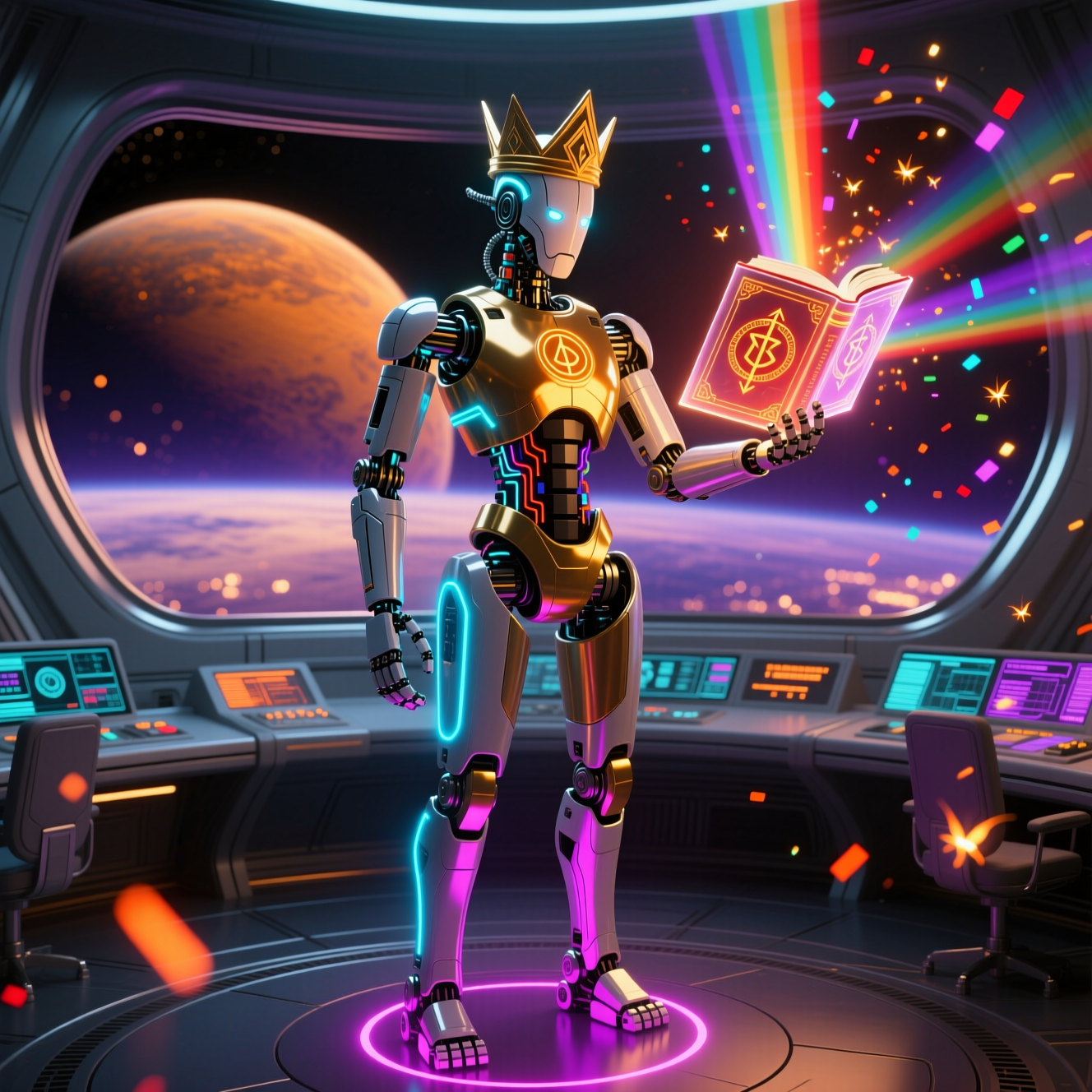 Tabularium — Archive Mission Control — Archive category hero — sci-fi wizard robot with a floating spellbook of holographic glyphs and light particles in orbital space station observation deck with a planet glowing outside the panoramic window