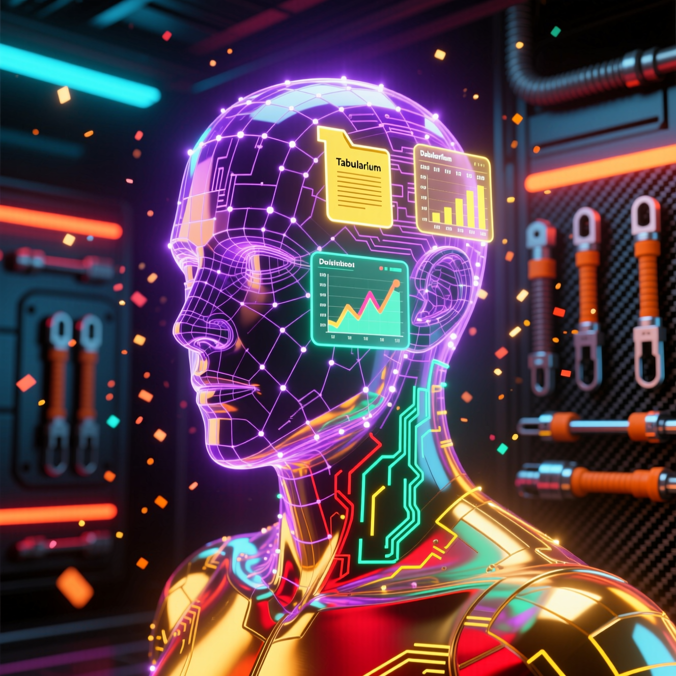 Tabularium — Legal Matter Atlas & Archive OS — Archive category hero — wireframe holographic human head made of glowing data points, floating in the frame center in Formula-1 style pit garage with saturated color lighting and mechanical detail