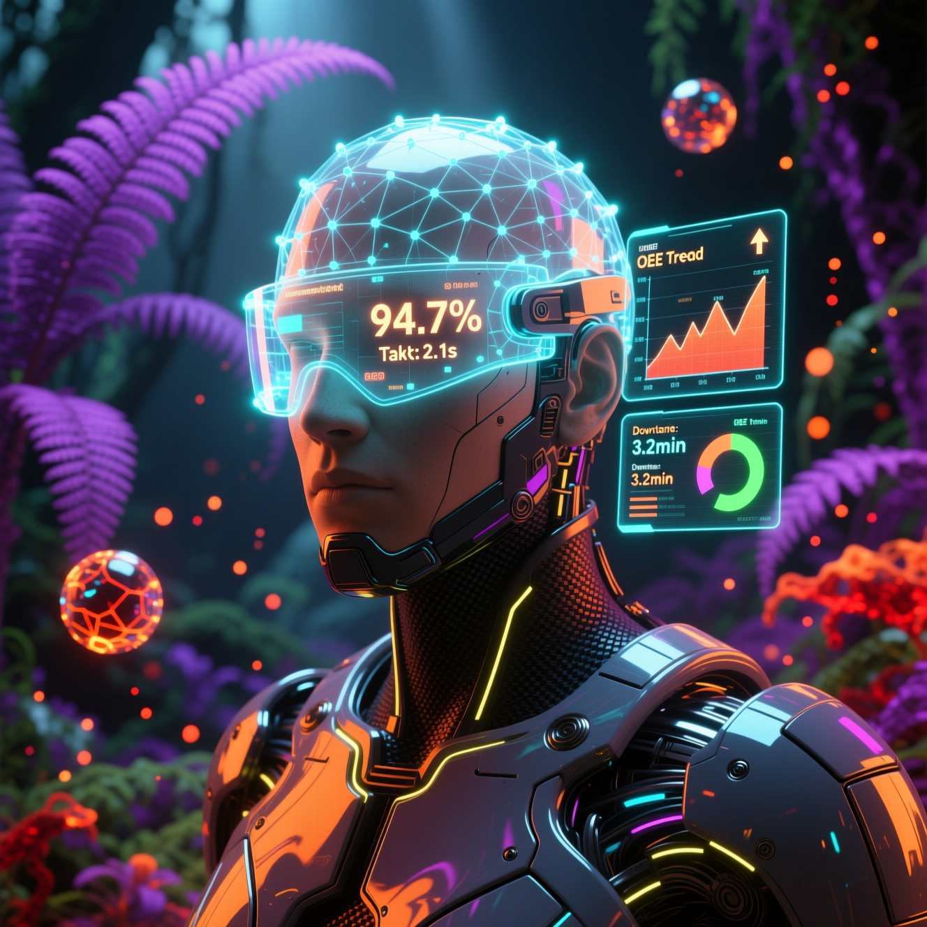 TaktPilot OEE — Shift Control Console — Art category hero — wireframe holographic human head made of glowing data points, floating in the frame center in alien jungle biome with glowing flora and floating tech artifacts