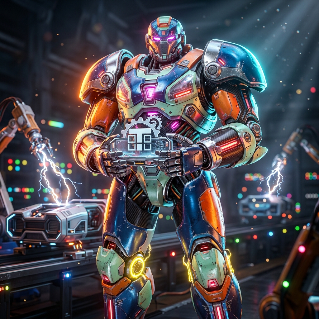 TalentGrid Dispatch — Recruitment Field Operations — HR & Recruiting category hero — heavily armored guardian robot holding a symbolic emblem of the category with both hands in magnetic-levitation factory floor with sparking arcs of electricity and machinery