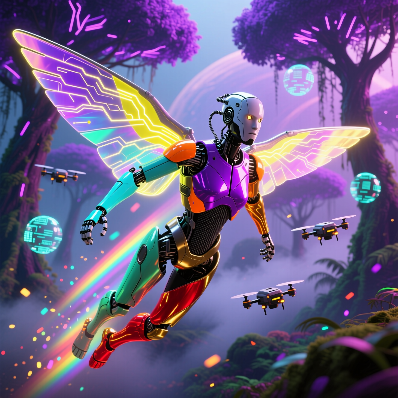 TalonGrid Command — Field Booking & Dispatch — Booking category hero — courier-style android with iridescent wings unfurled, mid-flight silhouette against the environment in alien jungle biome with glowing flora and floating tech artifacts