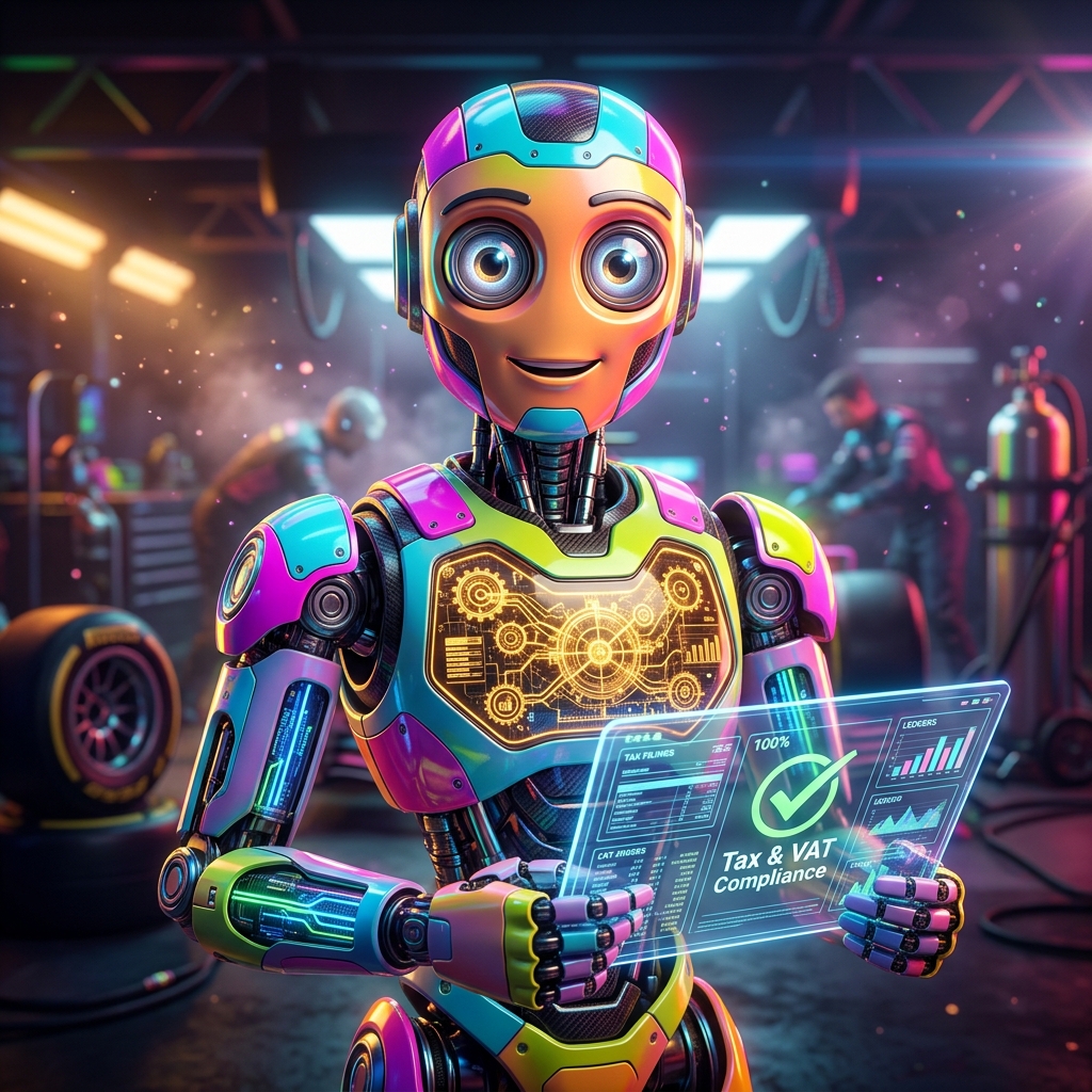 TaxaSphere | Tax & VAT Compliance Intelligence — Accounting category hero — friendly Pixar-quality mascot robot with big expressive optical eyes, holding an object that represents the category in Formula-1 style pit garage with saturated color lighting and mechanical detail