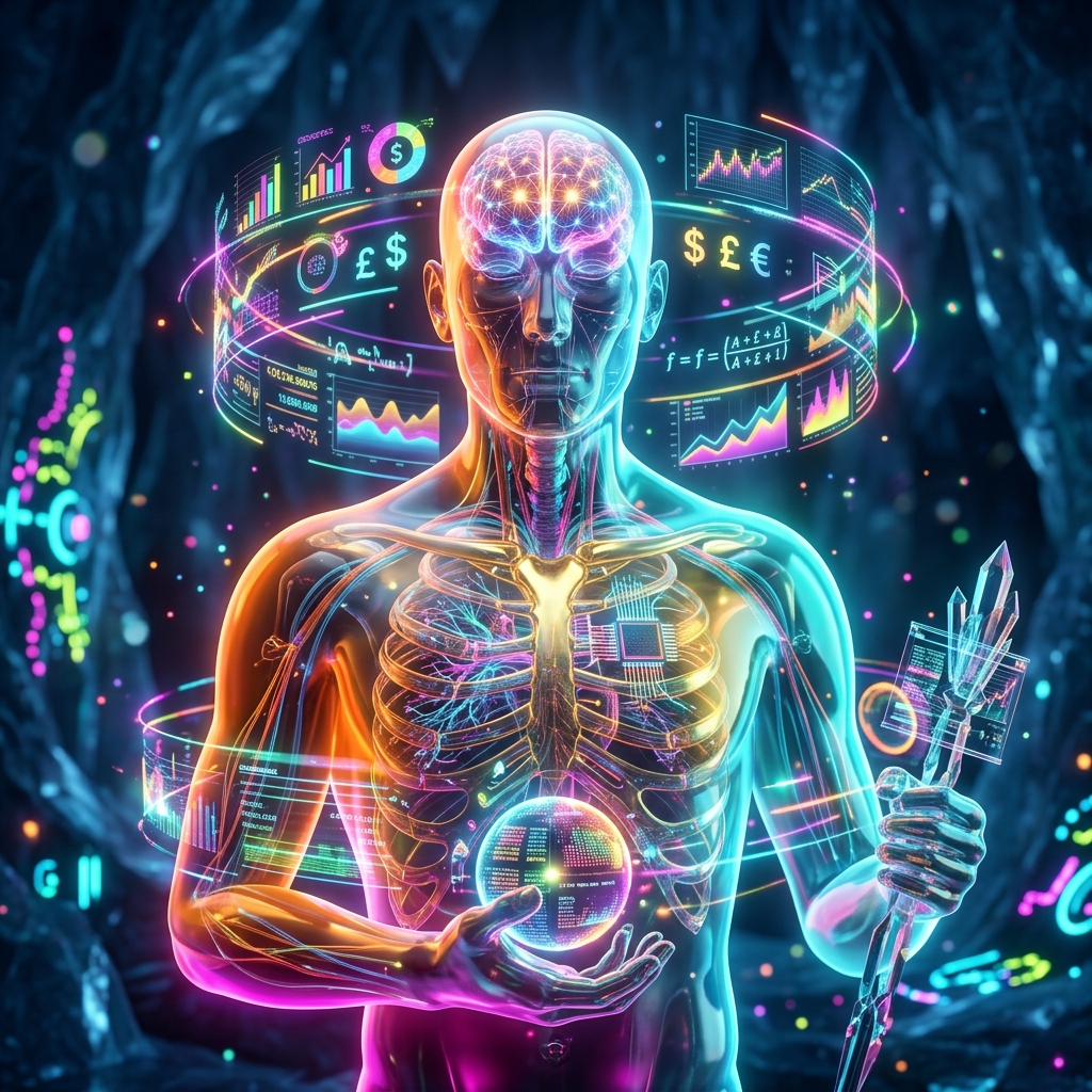 TaxVantage Command | Tax & VAT Case Management β Accounting category hero β translucent glass humanoid figure with a glowing neural-network brain visible inside its head in crystalline ice cavern lit by bioluminescent tech installations