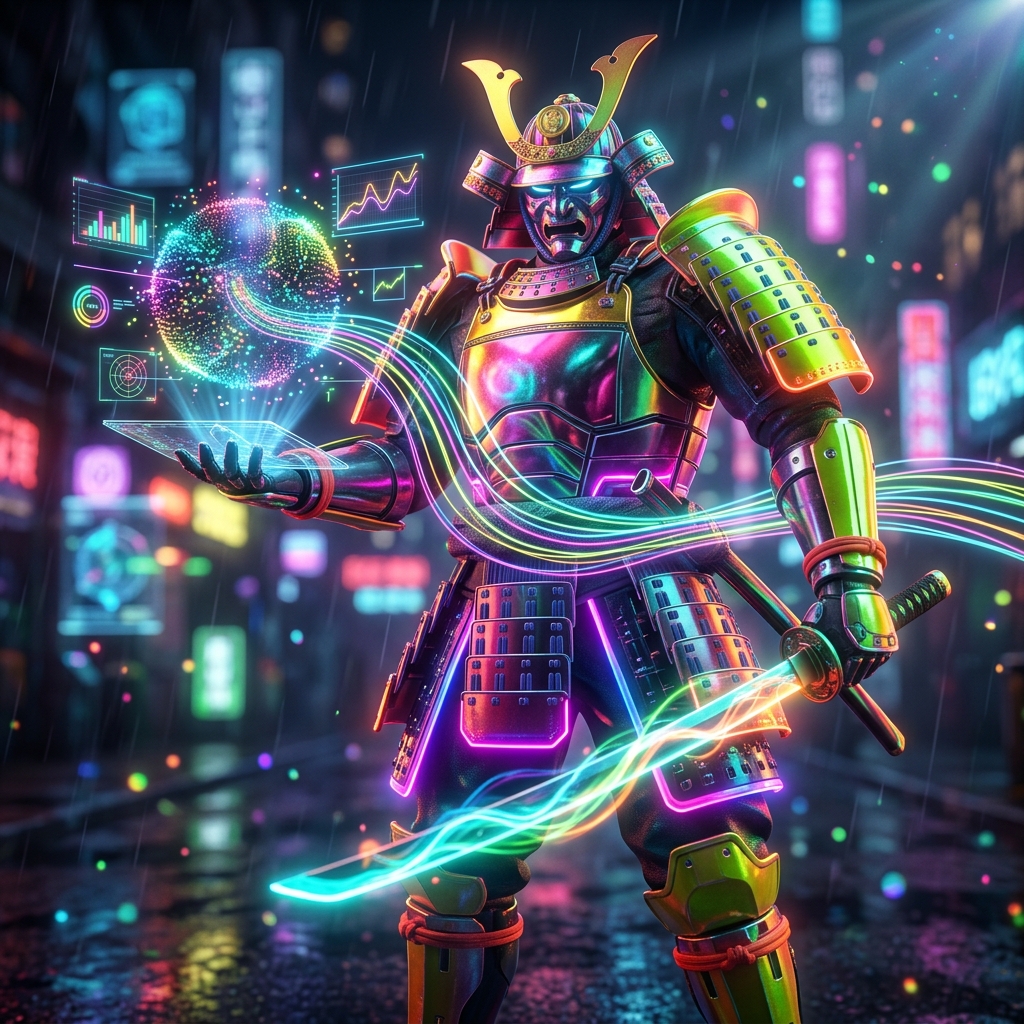 TelemetryOps – Analytics Mission Control — Analytics category hero — majestic samurai-styled mech in lacquered armor with neon under-glow, katana of light in hand in neon-lit cyberpunk street at night, wet pavement reflections, hovering holograms in the background